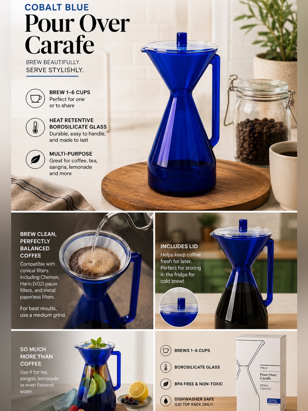 YIELD Cobalt Blue Pour Over Carafe 950mL Glass Coffee Tea Sangria